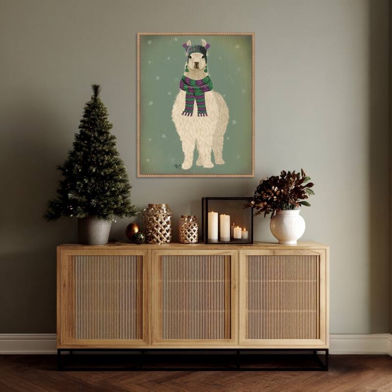 Llama with Purple Scarf, Full by Fab Funky (23 x 28 in.), Framed Canvas Wall Art Print - Sylvie Beaded Rustic Natural