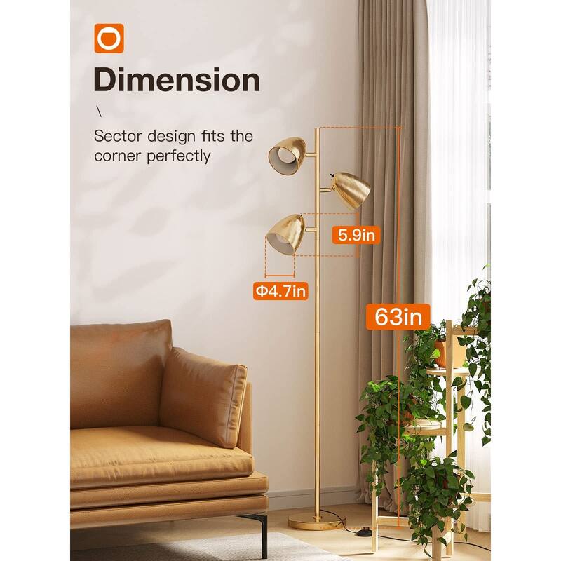 Tree Floor Lamp with 3 Adjustable Rotating Lights and Matching LED Bulbs, Standing Tall Pole Lamps - Gold