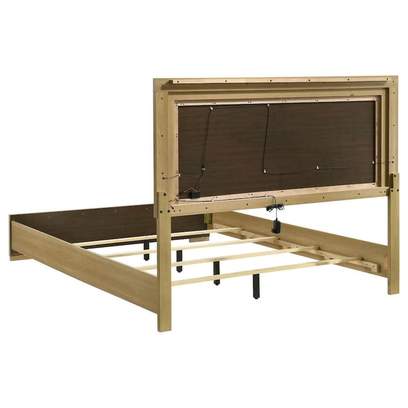 Hyle Queen Size Bed, Natural Brown Hardwood, LED Backlit Headboard
