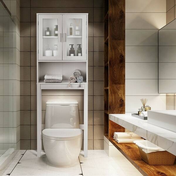 Shop Black Friday Deals On Wooden Over The Toilet Storage Cabinet With Tower Rack Overstock 28795181