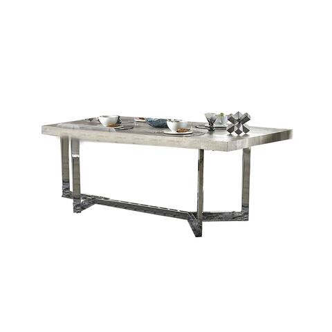 Metal and Faux Wood Veneer Dining Table in Light Gray and Chrome