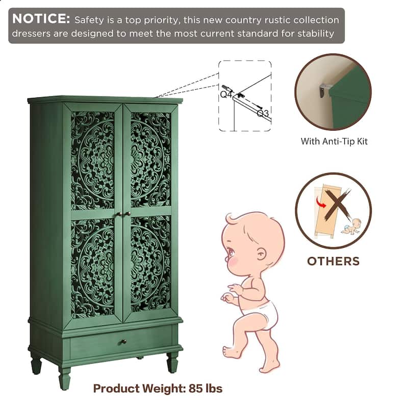 55'' Rustic Tall Storage Cabinet with Drawer, Carved Wood 2-Door Accent Cabinet with Solid Wood Legs for Living Room