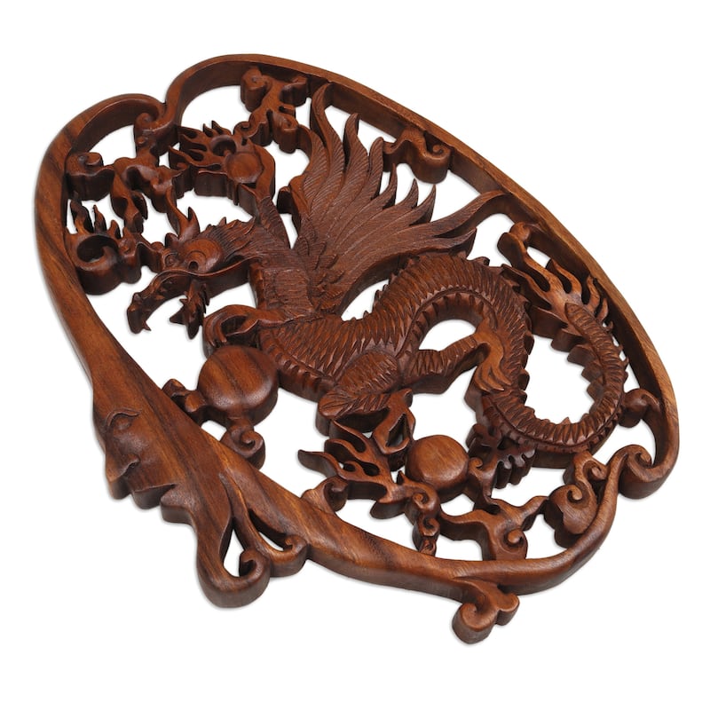 Novica Handmade Regal Dragon Wood Relief Panel