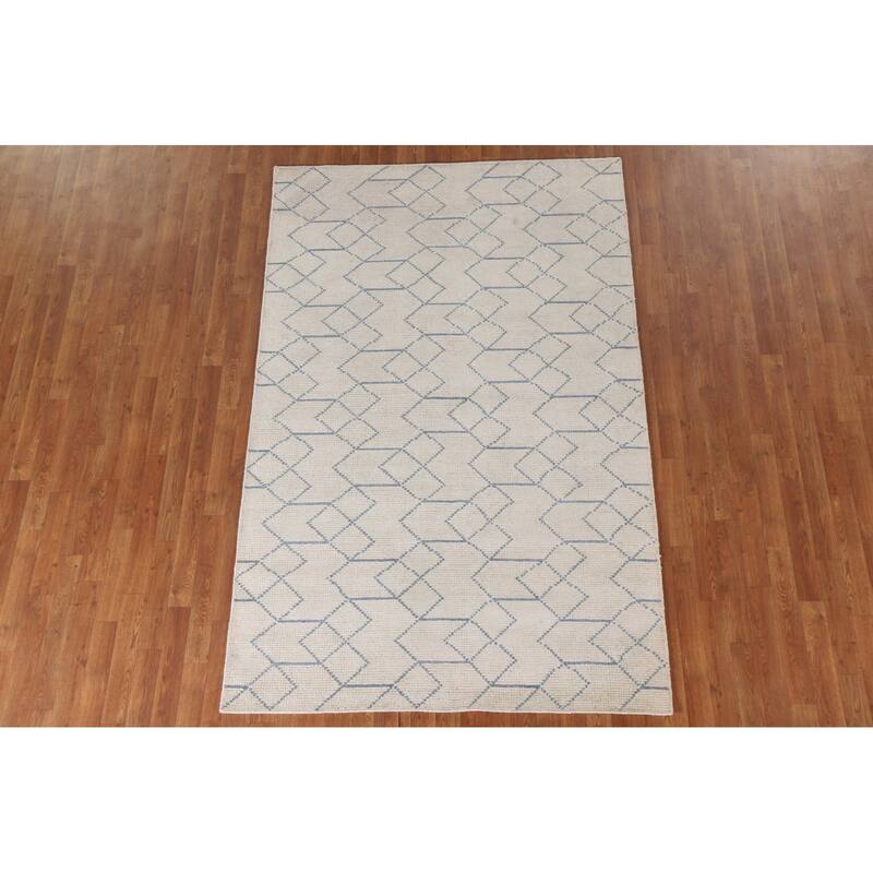 Beige Trellis Moroccan Oriental Area Rug Handmade Wool Carpet - 5'0"x 7'10"