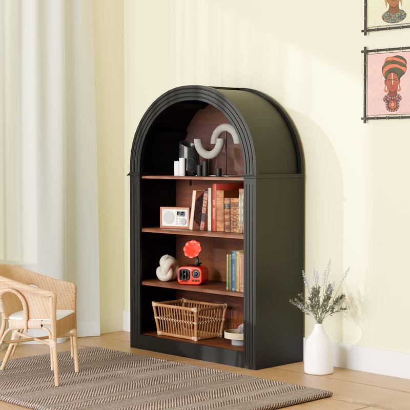 Bookcase, 4-Shelf Tall Bookshelf, 45.66" Wood Open Display Floor Arched Bookcase, Large Storage Organizer
