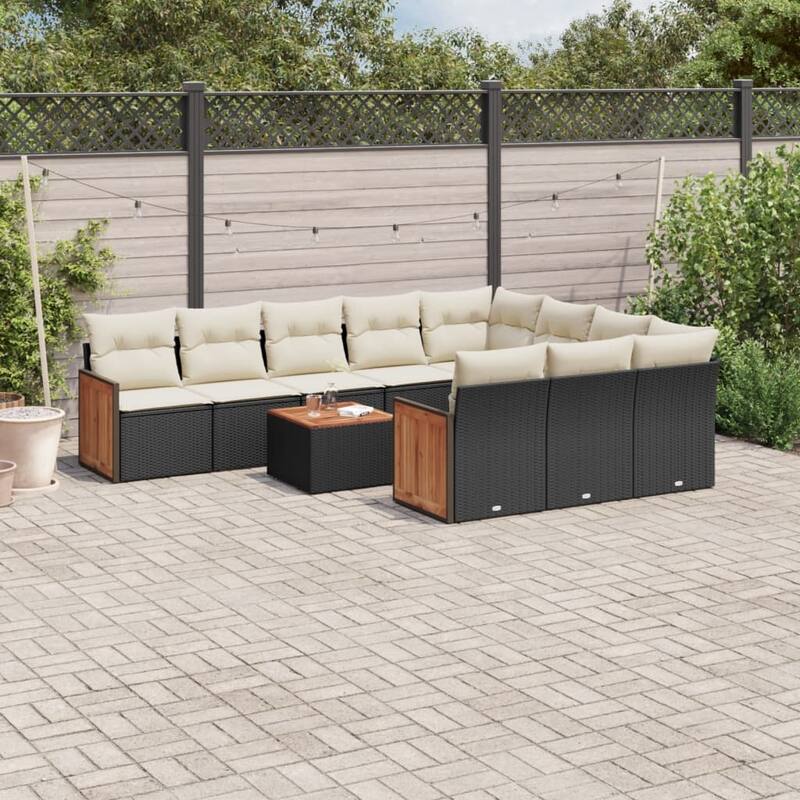 vidaXL Patio Sofa Set with Cushions Outdoor Conversation Furniture Poly Rattan - Black and cream with table - 21.7 x 21.7 x 14.6 in