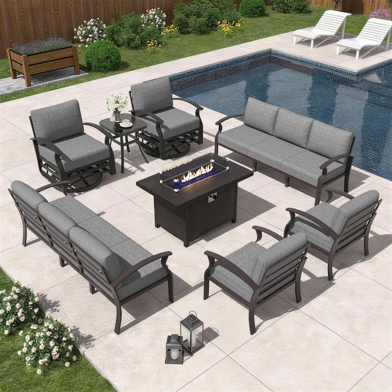 Kullavik Aluminum Outdoor Patio Furniture with Curved Armrests & Firepit Table - 10 seats w/FirePit - Grey