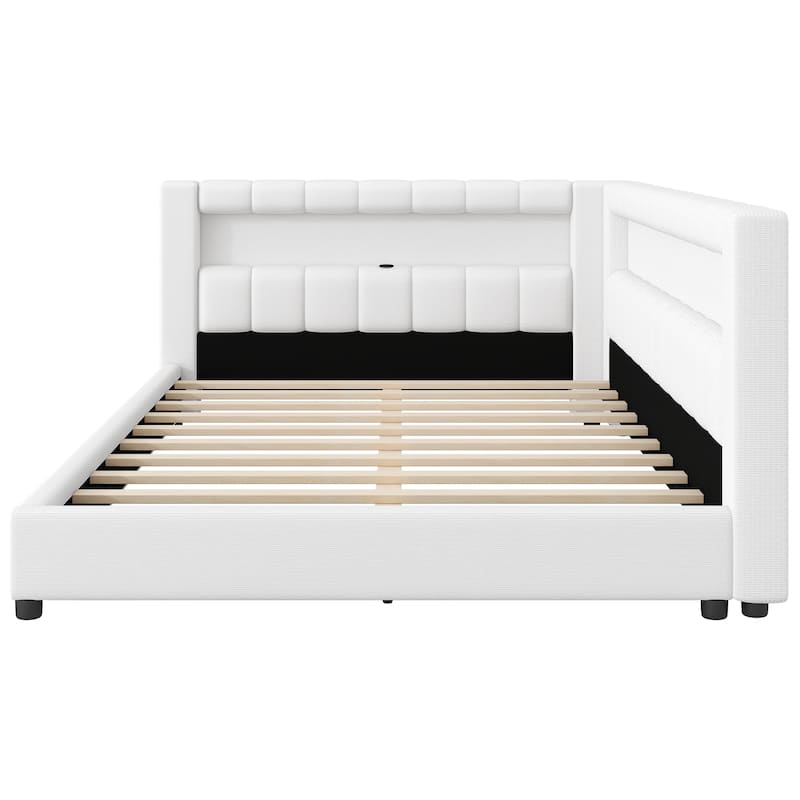 Upholstered Low-Profile Daybed Platform Bed Built-in USB Ports and LED Light Belt, Grounded Design with Padded Backrest
