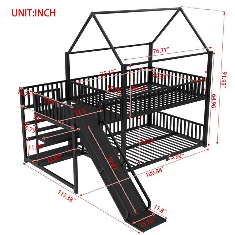 Full Metal House Bunk Bed with Storage Stairs, Slide, Safety Rails, Black