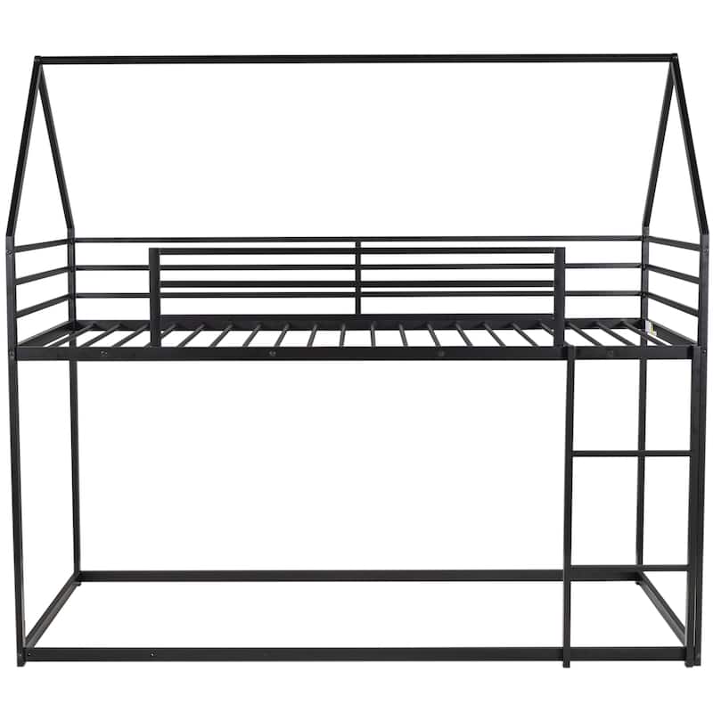 Twin Size Floor Bunk Bed Frame, Heavy Duty Metal House Bunk Bed, Twin over Twin House Shaped Bed Frame with Convertible Ladder