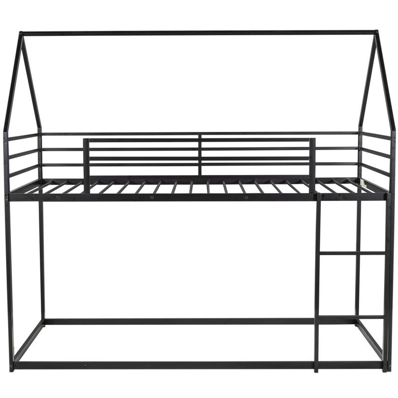 Twin Size Metal House Bunk Bed with Built-in Ladder, Black - Space-Saving Kids Bedroom Furniture