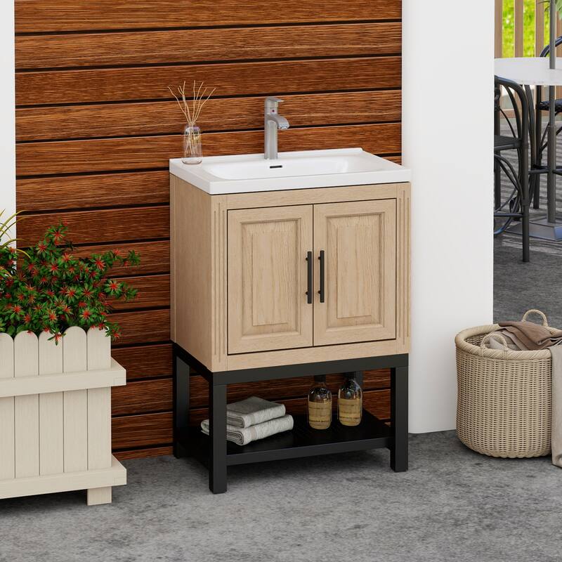 Roomfitters 24" Bathroom Vanity with Sink, Freestanding Storage Cabinet with 2 Doors and Open Shelf
