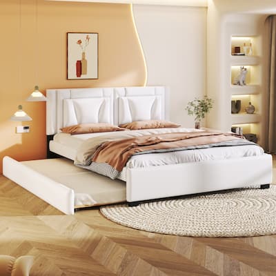 White Queen Size Upholstered Platform Bed with Headboard and Twin Size Trundle