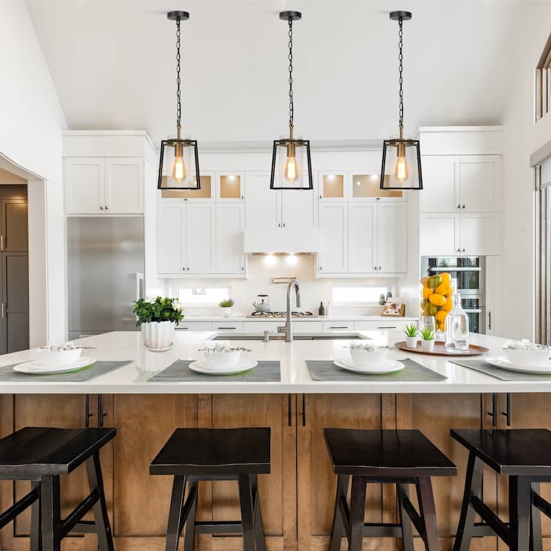 Modern Farmhouse 1-Light Lantern Pendant Lights Black Kitchen Island Lights - D 7.5'' x H 72.5''