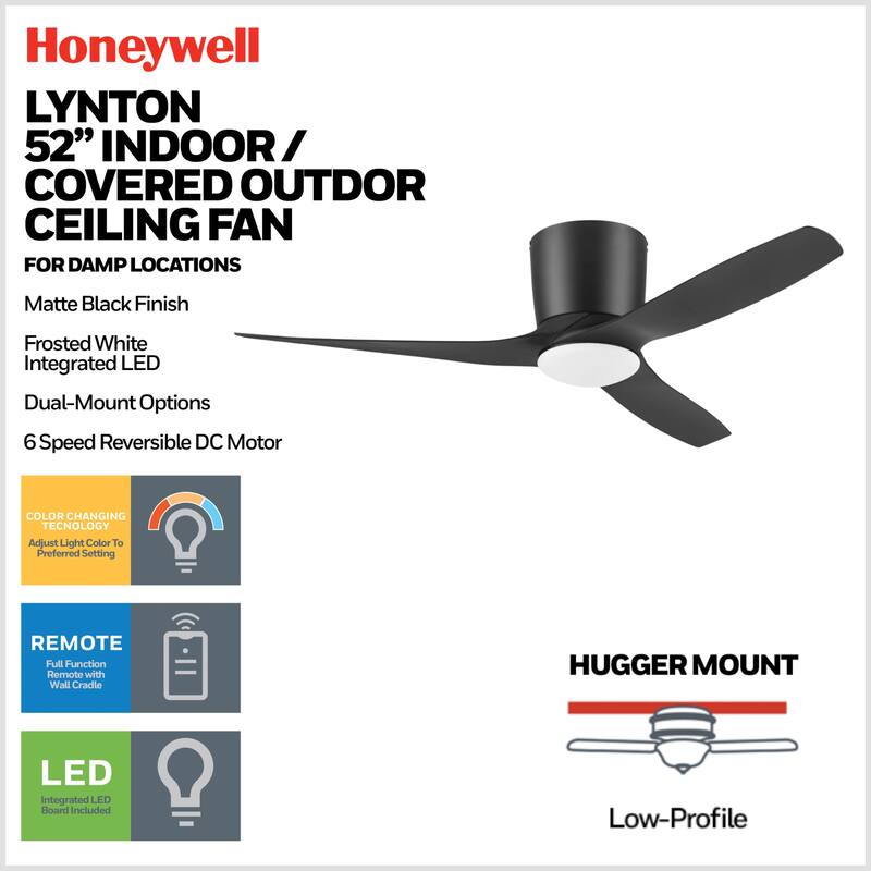 52" Honeywell Lynton Matte Black Damp-Rated Hugger Ceiling Fan with LED Light and Remote - Matte Black