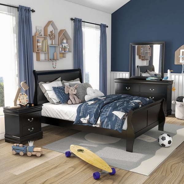 slide 2 of 68, Furniture of America Mayday Traditional Solid Wood Kids 4-Piece Sleigh Bedroom Set Black - Twin