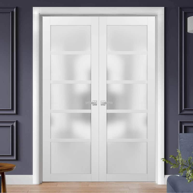 French Double Panel Lite Doors Hardware / Quadro 4002 White Silk Frosted Opaque Glass