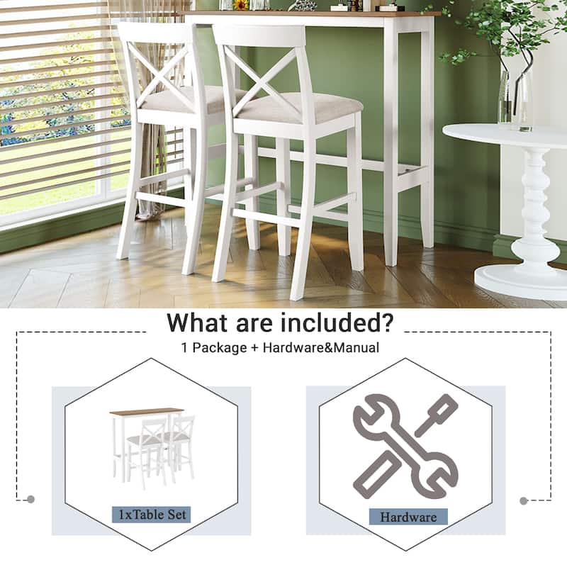 3-Piece Breakfast Nook, Wood Bar Height Dining Table Set, Kitchen Table Set with Bar Table and Cushioned Stools
