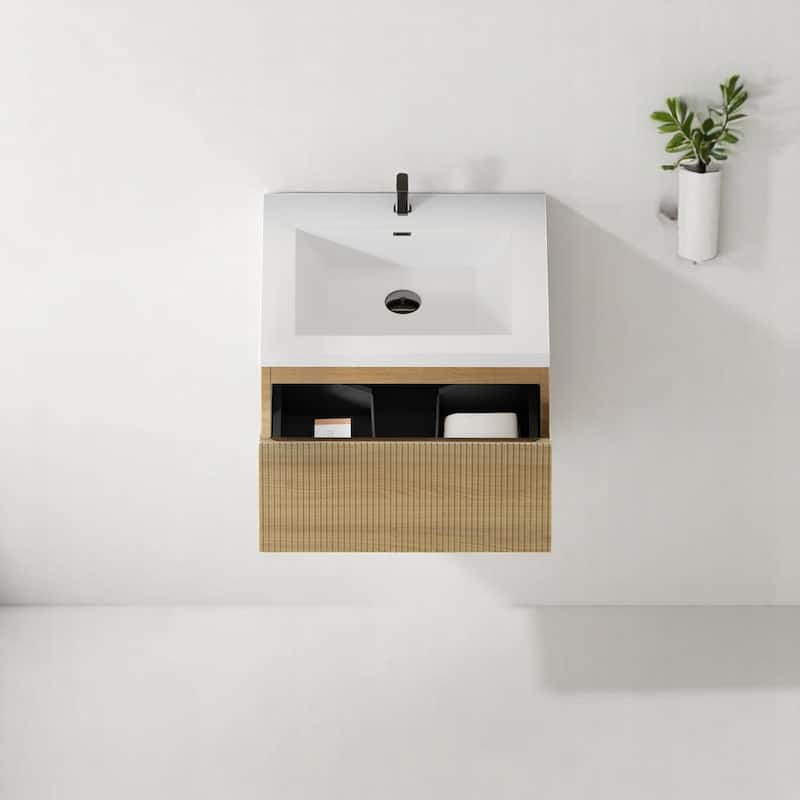 24"/30"/36"/42" Floating Bathroom Vanity Combo with Solid Surface Basin, Natural Oak Storage Cabinet, Modern Design - 24