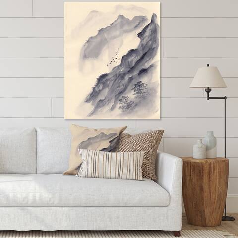 Designart 'Grey Asian Mountains With Birds' Modern Canvas Wall Art Print