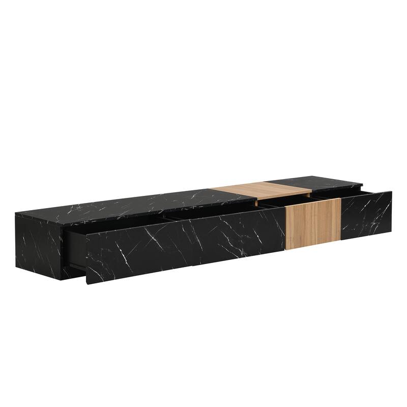 Modern TV Stand, for TVs Up to 88'' with Faux Marble and Walnut Wood Grain, 4 Storage Drawers, for Living Rooms, Black