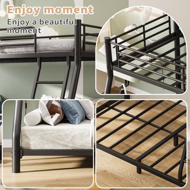 Twin Over Full Bunk Bed, Metal Bunk Bed Frame with Ladder, Safety Rail & Steel Slats, Space-Saving Bunk Beds