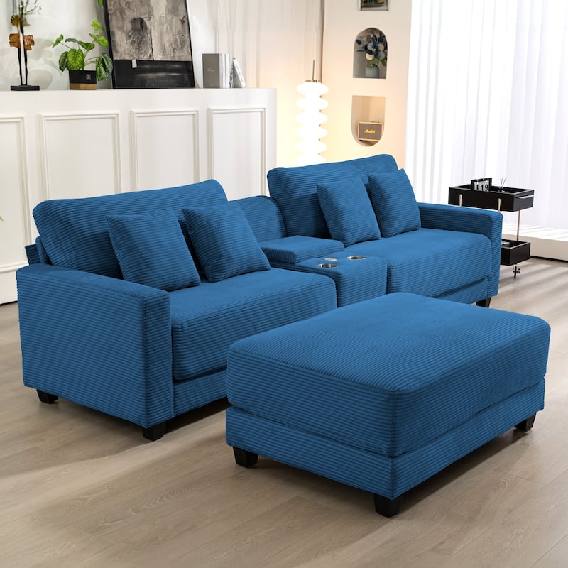 Oversized Corduroy Upholstered Sofa with a Removable Ottoman & 4 Pillows