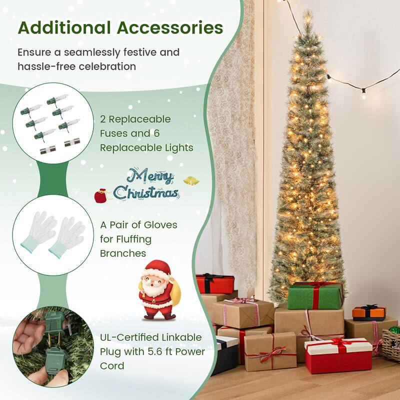 Gymax 6/7 FT Pre-Lit Artificial Christmas Tree Slime Pencil Christmas