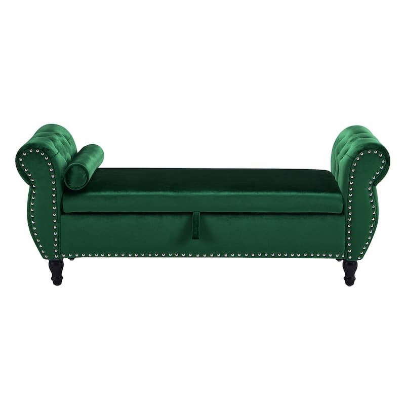 51.25" Velvet Storage Ottoman Bench with Rolled Arms and Wood Legs