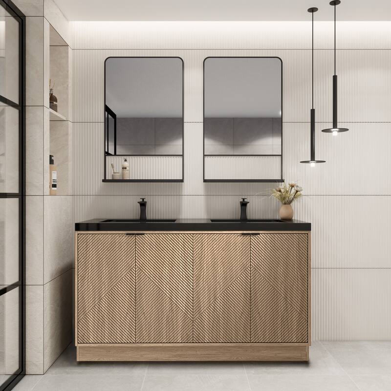 Milano 60" Freestanding Bathroom Vanity with Double Black Acrylic Sink - 59.06" x 19.49" x 35.46'' - Beige