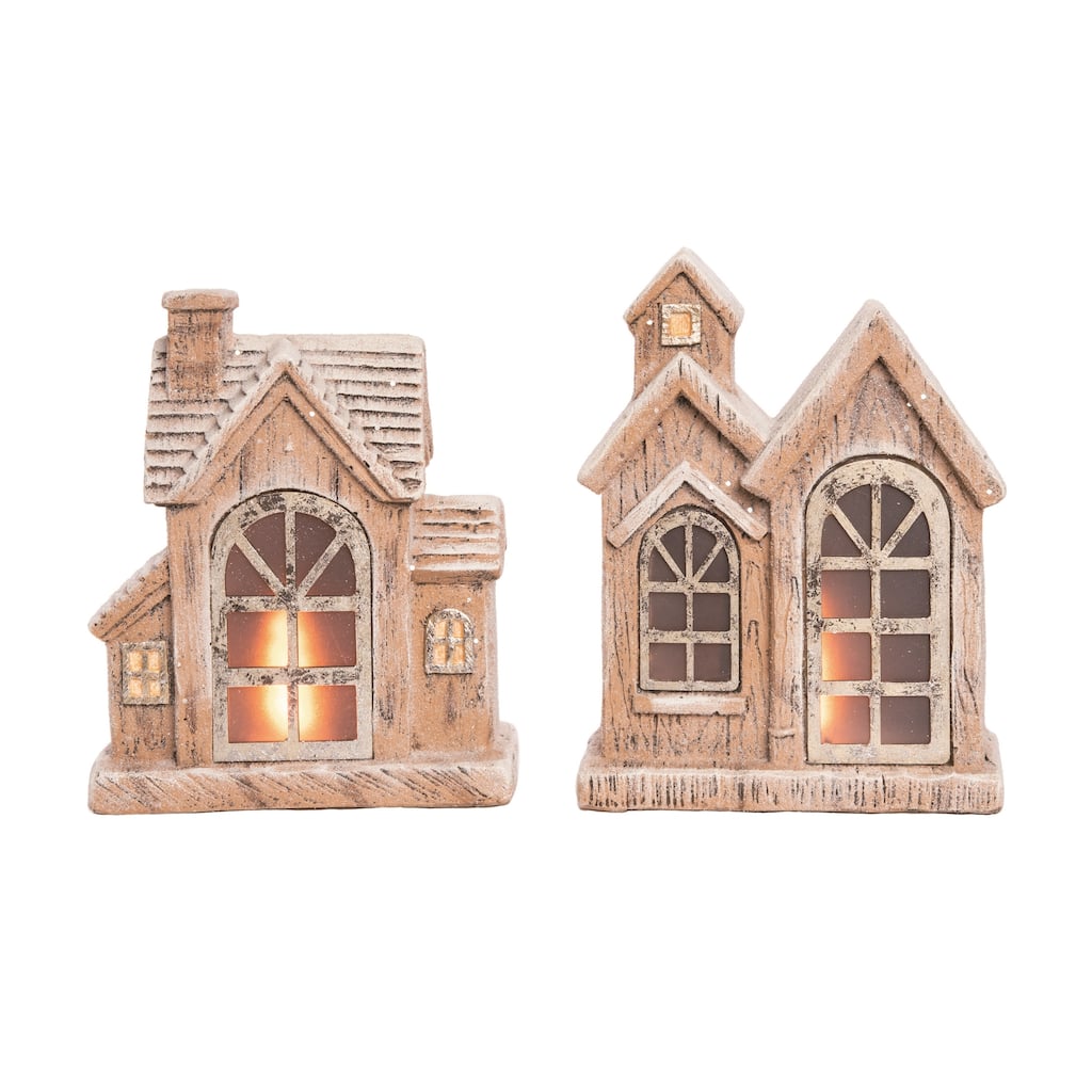 Transpac Resin Light Up Snowy Home Set of 2 Christmas Home Decorations