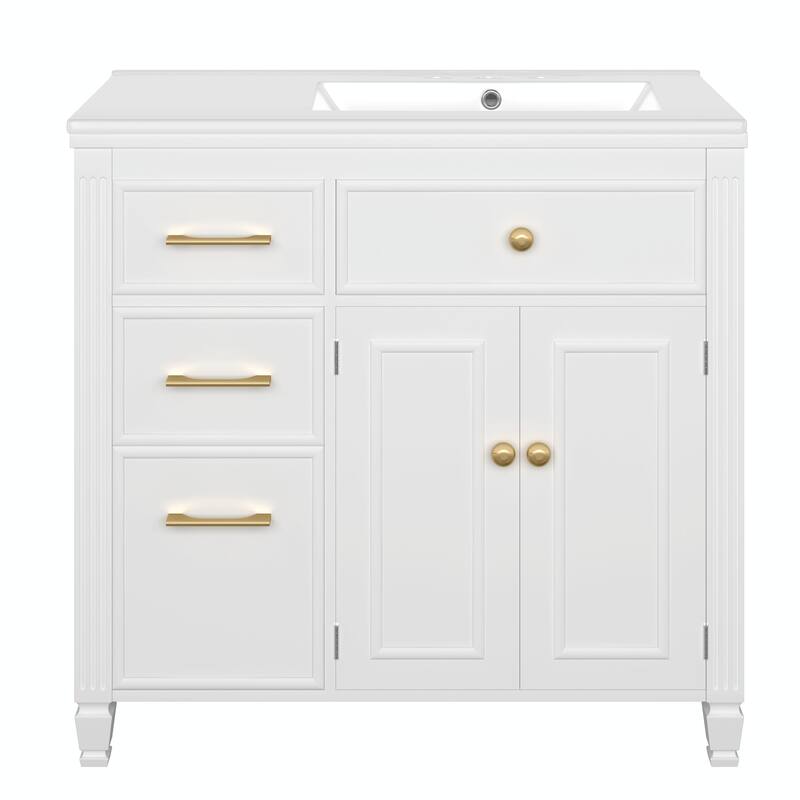 36" Bathroom Vanity with Sink, Ceramic Sink, One Tip-out Drawer, 3 Side Drawers