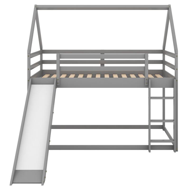 Twin Size Pitched Roof Bunk House Bed With Slide And Ladder