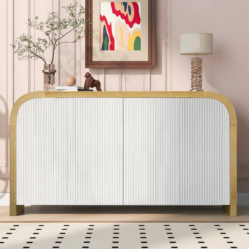 4-door Curved Corner Design Wavy Door Panel Cabinet with Adjustable Shelves, Suitable for Study, Living Room - White