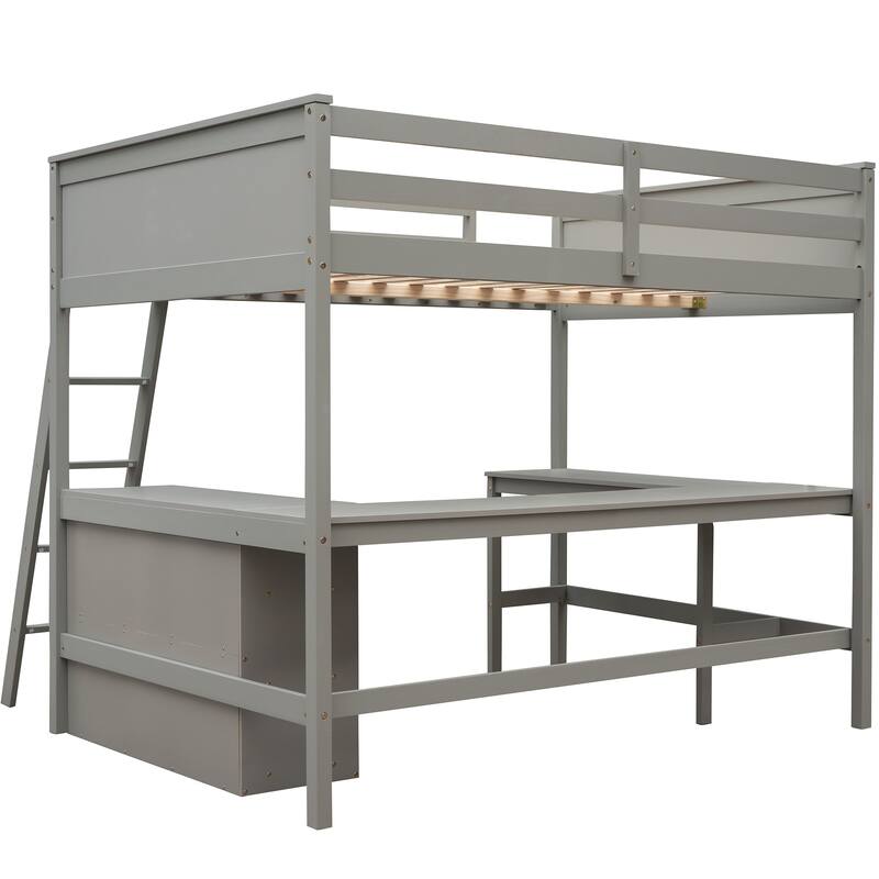 Full Pine Loft Bed with Desk, Shelves, and Guardrails