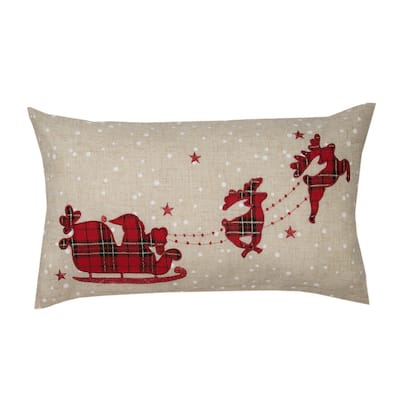 Applique Tartan Santa Sleigh With Reindeers Christmas Pillow, 12 by 20-Inch
