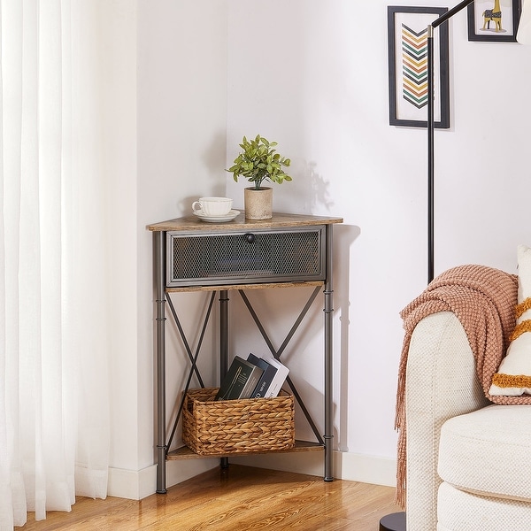 Javlergo Corner Table with Drawer and Storage Shelf Triangle