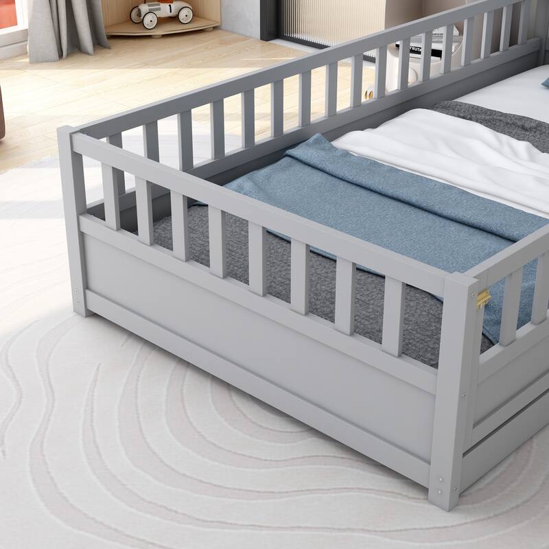 Grey Twin Size Pine Wood Floor Bed, Integral Construction with Super High Security Barrier, Door, Children's Floor Bed Frame