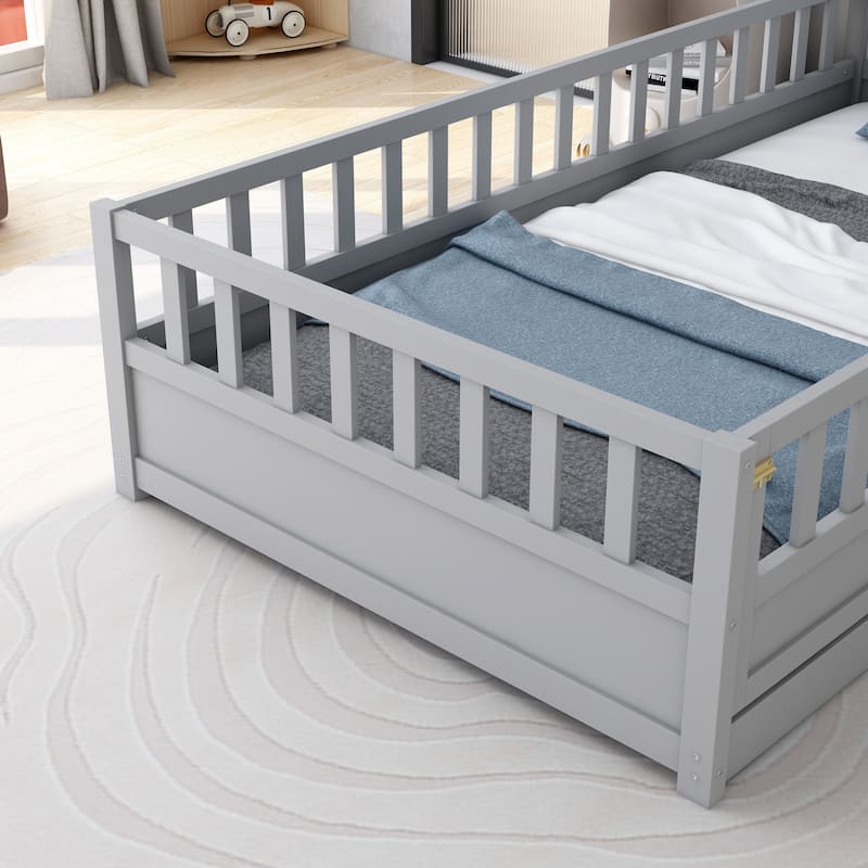 Twin Size Pine Wood Floor Bed, Integral Construction with Super High Security Barrier, Door, Children's Floor Bed Frame