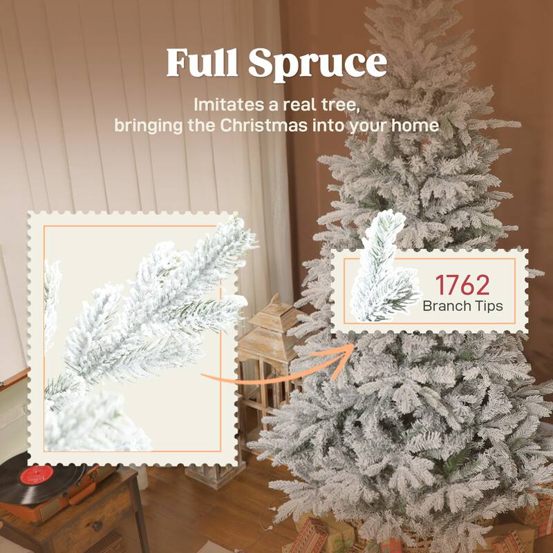 HOMCOM 7.5 ft Artificial Frosted Christmas Tree with Realistic Branches, Wide Full Spruce Holiday Decor, Hinged Xmas Tree