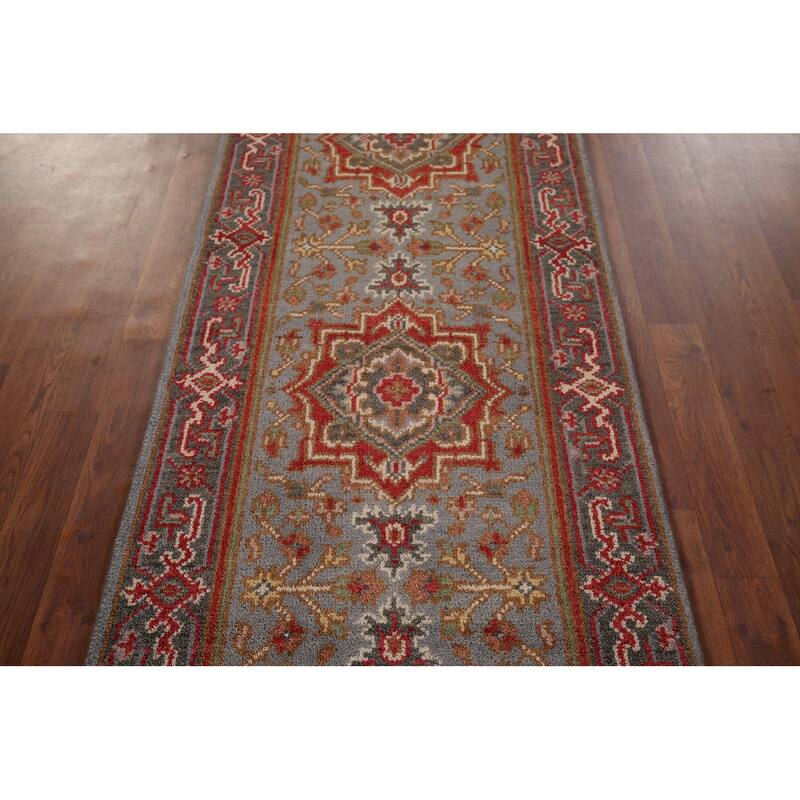 Gray Geometric Kazak Oriental Runner Rug Handmade Wool Carpet - 2'6"x 7'11"