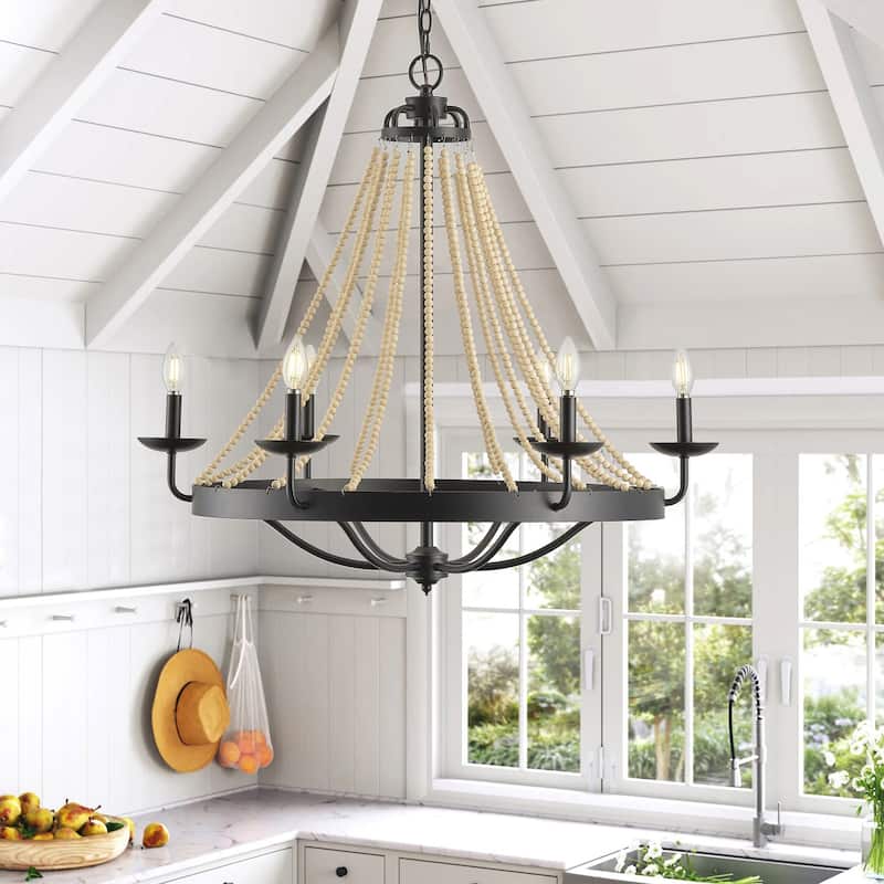 Matte Black Farmhouse Candle Chandelier with Wood Beads Design