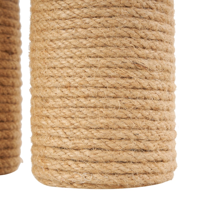 White or Brown Wood Handmade Coiled Striped Rope Buoy Sculpture with Joined Hanging Handle (Set of 2)