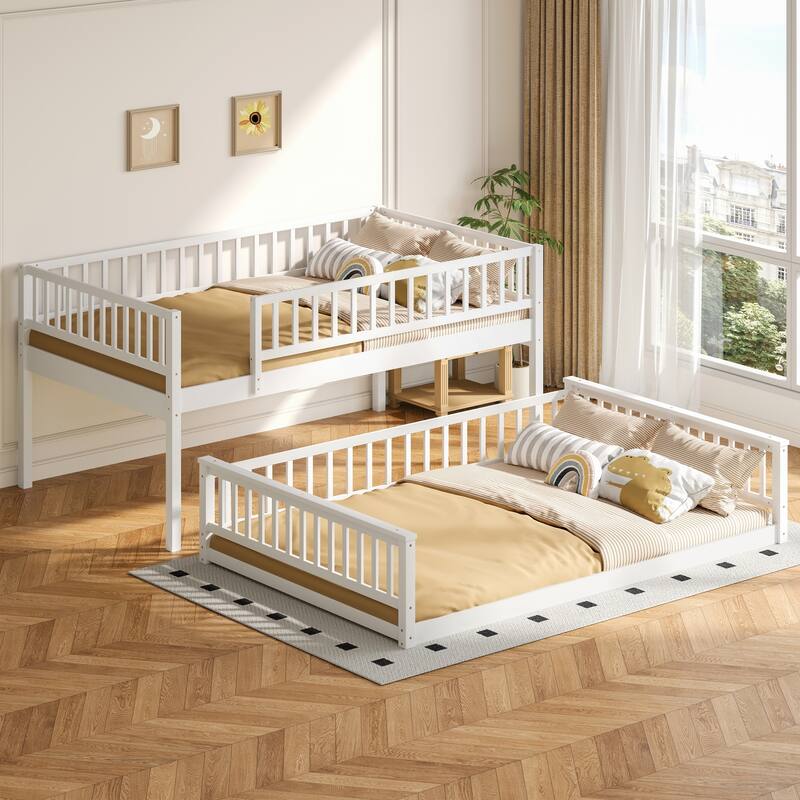 Floor Bunk Bed Frame with Ladder and Guardrails, Detachable Design Wooden Bunk Bedframe into 2 Separate Platform Beds