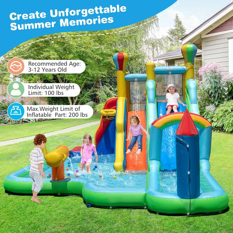 Large Inflatable Water Slide Park with Dual Slides Climbing Wall Pools and Water Cannon for Kids - 225" x 145.5" x 105"