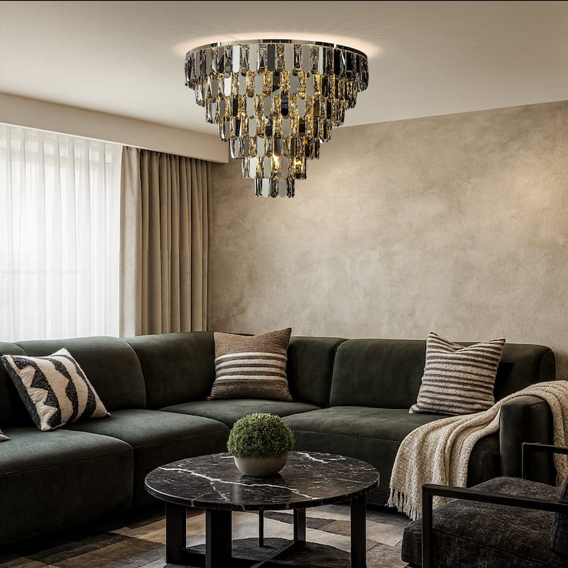 Dimmable Smoked Crystal Flush Mount Ceiling Light Round with Polished Nickel Finish and Stainless Steel Accents for Dining Room