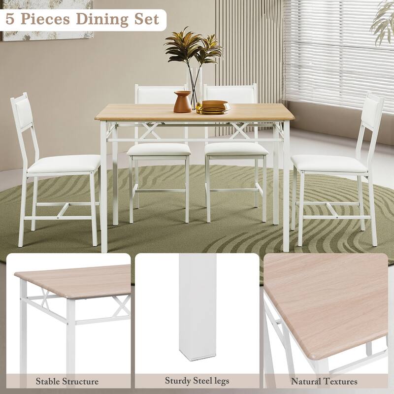 Javlergo 5-Piece White Frame Dining Set with Oak MDF Top PU Leather Chairs with Foam Padding Space Saving for Small Spaces