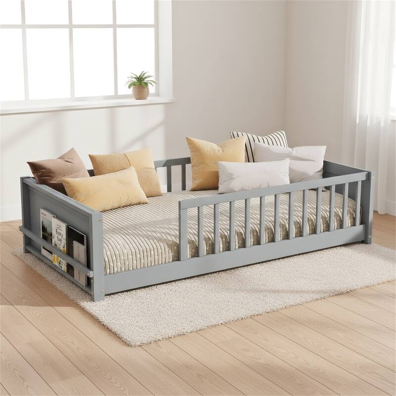 Twin Size Floor Platform Bed with Built-in Book Rack
