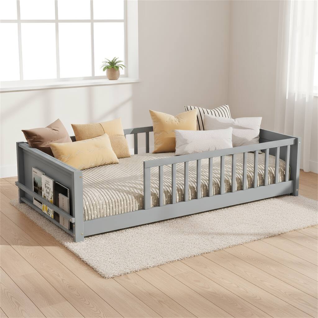 Twin Size Floor Platform Bed with Built-in Book Rack