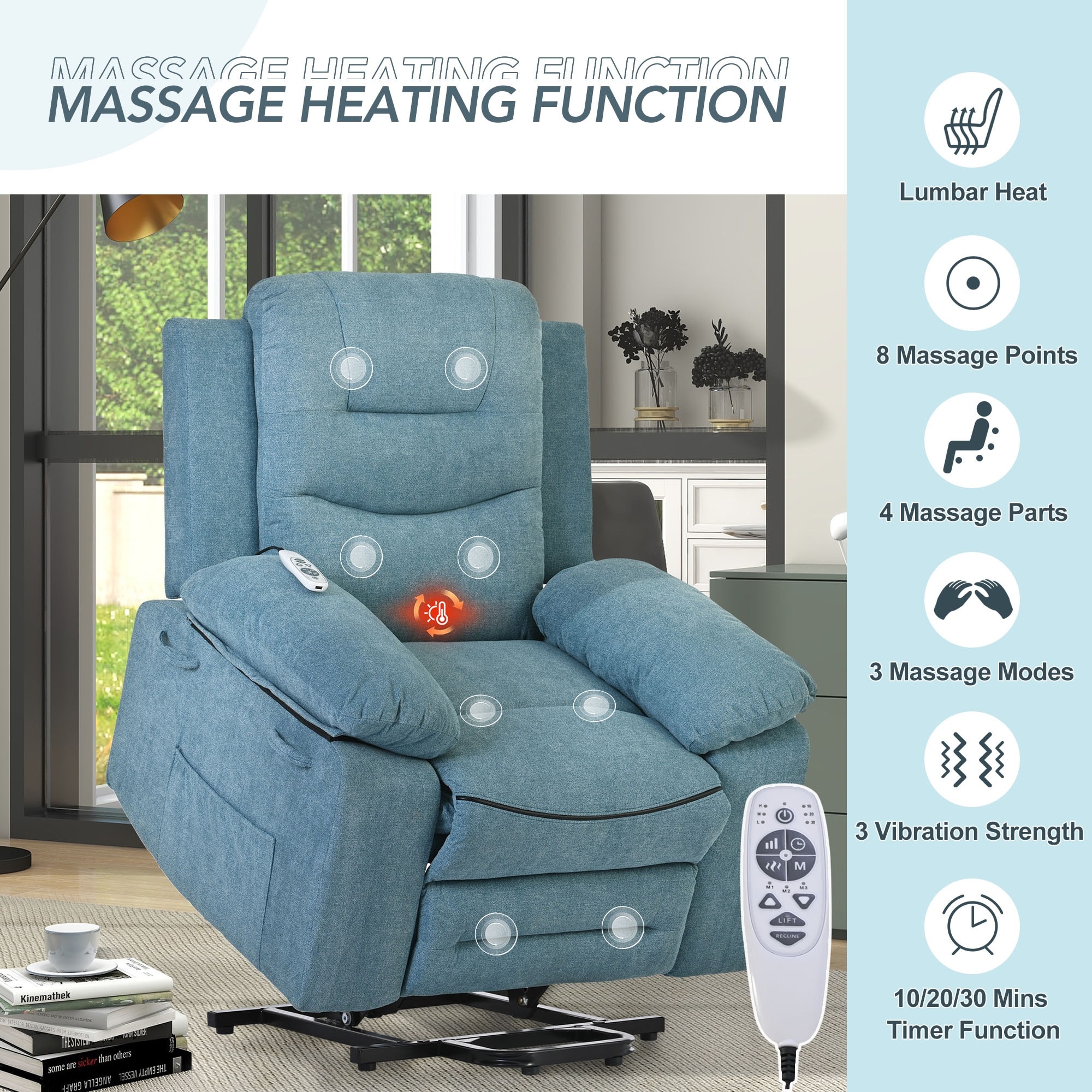 Blue Linen Power Lift Chair for Elderly with Adjustable Massage and Heating Infinite Positions Side Arm Pocket